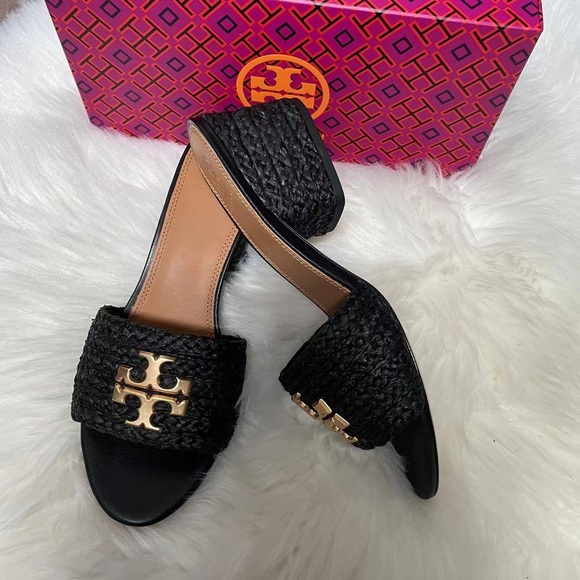 TORY BURCH EVERLY RAFFIA BLOCK SANDAL SLIDE - Picture 2 of 4